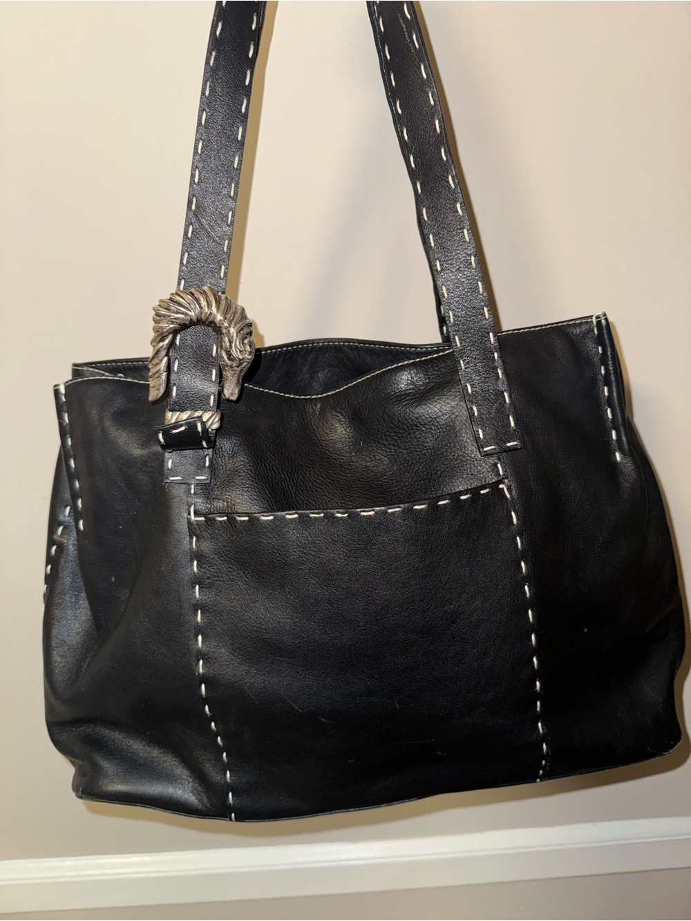 Marc & Marc by Sharif Black Leather Tote Bag with Contrast Stitching